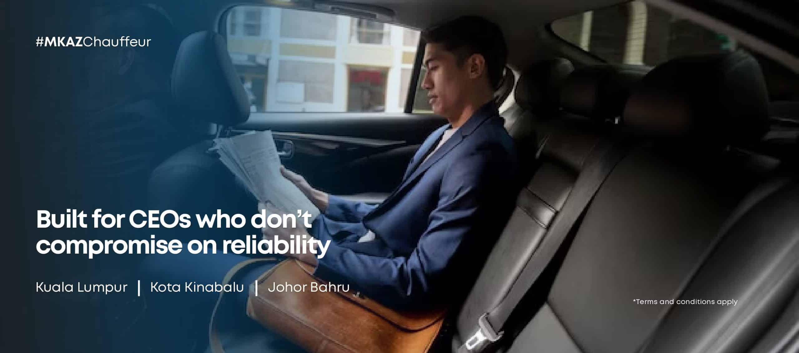 Business executive in a car's backseat reading papers; promotional image for reliable CEO chauffeur services (hashtag #MKAZchauffeur).