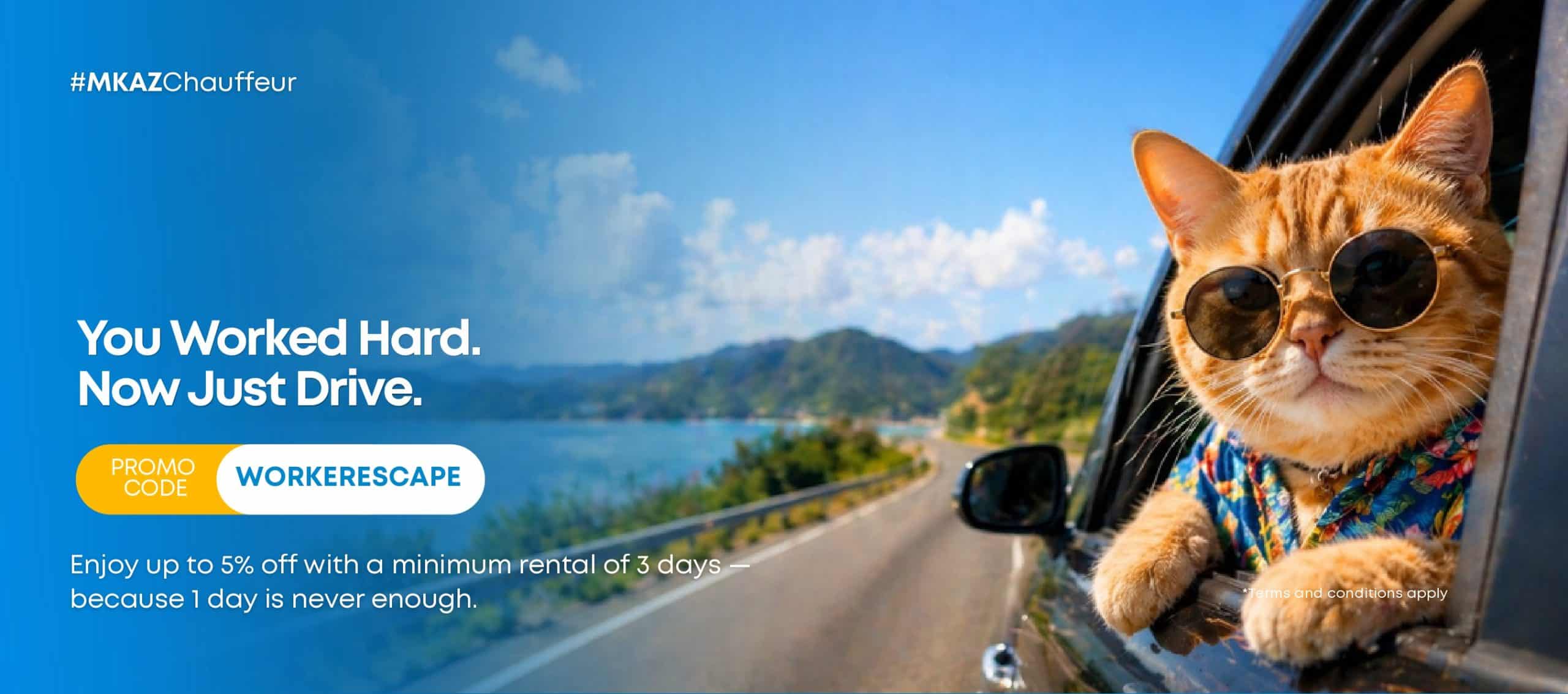 Ad banner for MKAZ Chauffeur: cat wearing sunglasses in a car, with the slogan 'You Worked Hard. Now Just Drive.' and promo code WORKERESCAPE.