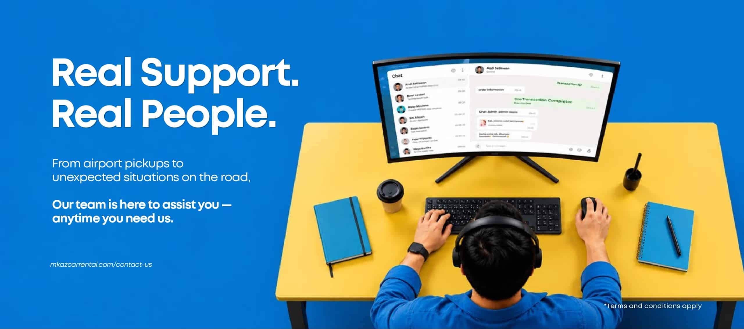 Banner showing a 'Real Support. Real People.' message on a blue background with a person at a yellow desk using a computer monitor and keyboard, suggesting customer support.