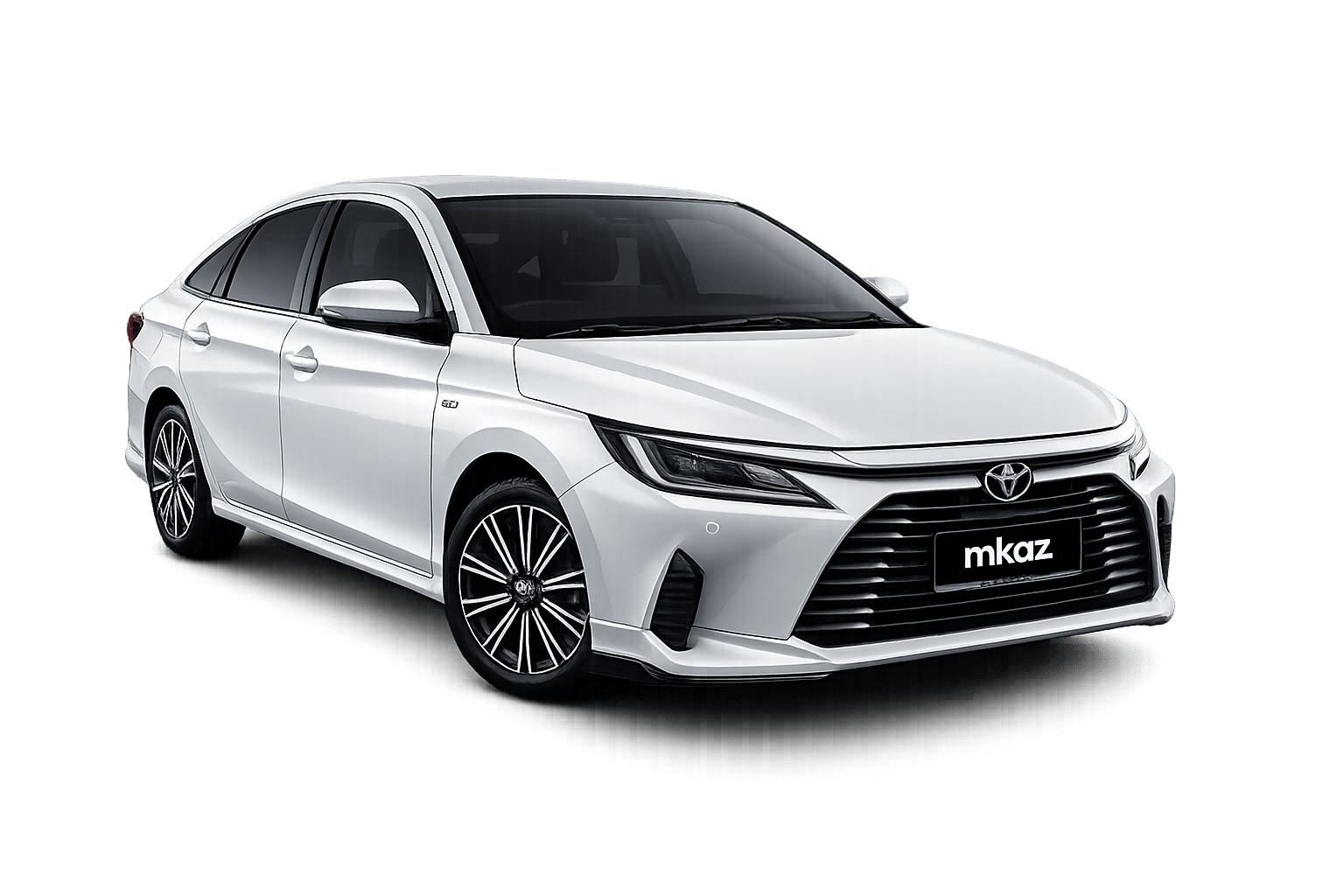 White sedan car shown from a front-left angle with a prominent black grille and alloy wheels.