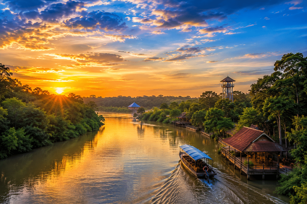 Sunset over a river with a boat and a wooden riverside pavilion among lush trees on both banks.