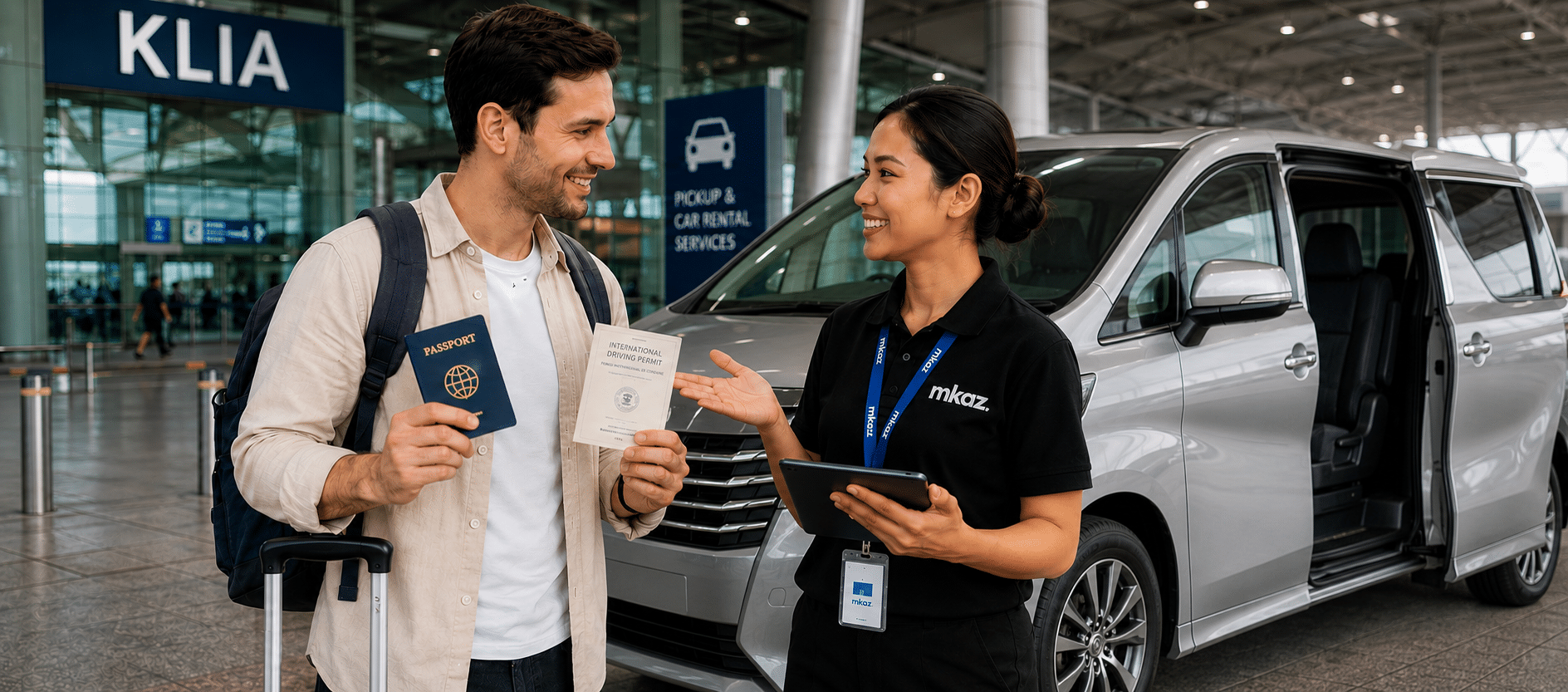 Traveler with luggage holds passport and international driving permit while talking to a rental agent beside a silver van at an airport car pickup area after showing documents to arrange a rental.