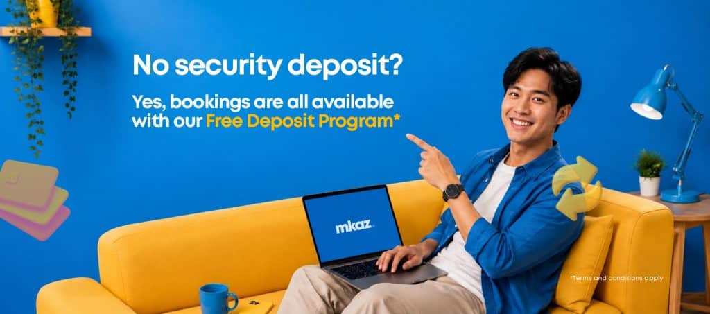 Ad banner with a smiling man on a yellow couch promoting a Free Deposit Program: 'No security deposit? Yes, bookings are all available with our Free Deposit Program'