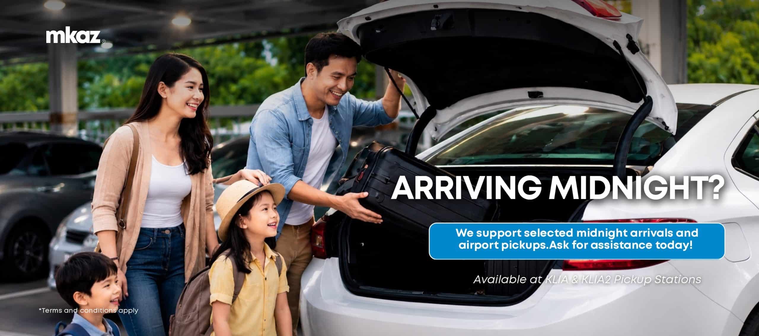 Family loads bags into a white SUV trunk at a pickup location, with the 'Arriving Midnight?' headline and a blue assistance banner behind them.