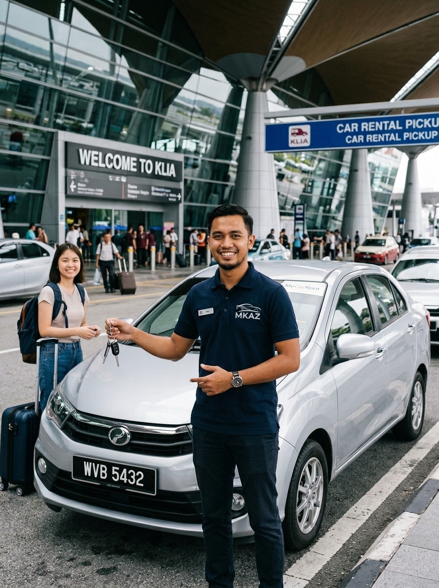 Airport pickup: A smiling agent hands over car keys to a traveler beside a silver sedan at KLIA car rental area