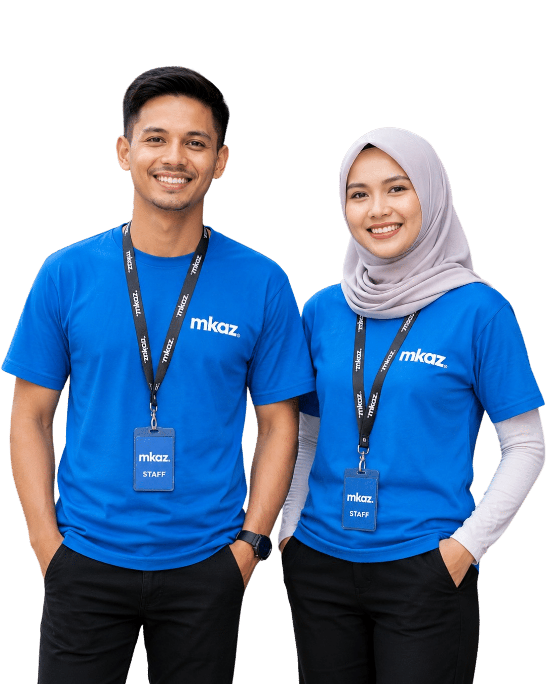Two smiling staff members in blue mkaz shirts with lanyards and ID badges.