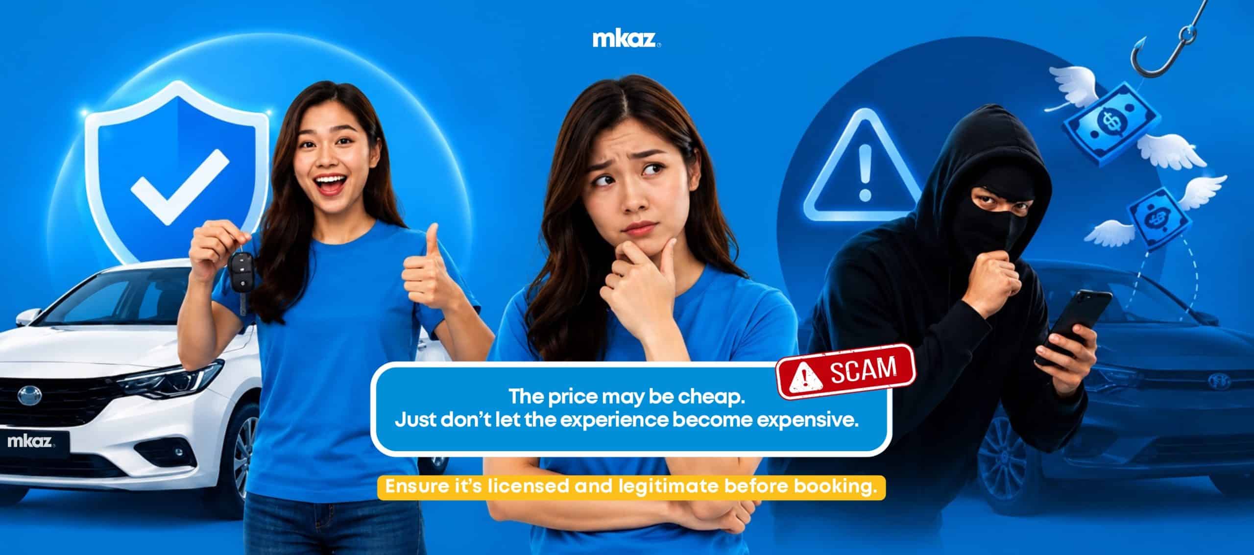 Warning banner about car-booking scams: two friendly people with a car, and a hooded thief with a ‘SCAM’ badge in the background, blue theme.