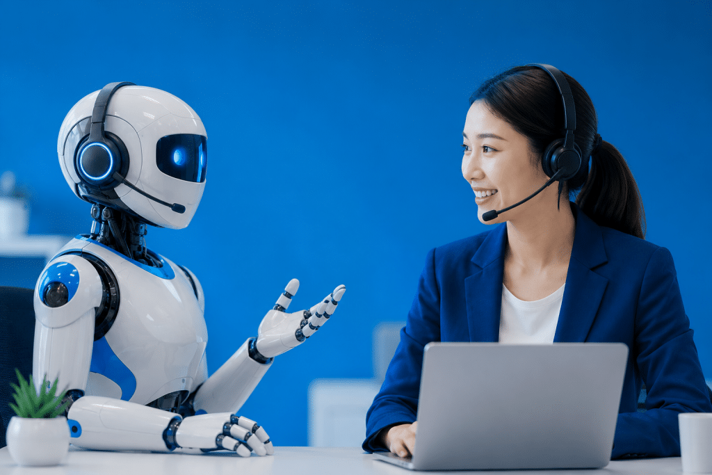 Woman in a blue blazer with a headset chats with a white service robot at a desk with a laptop.