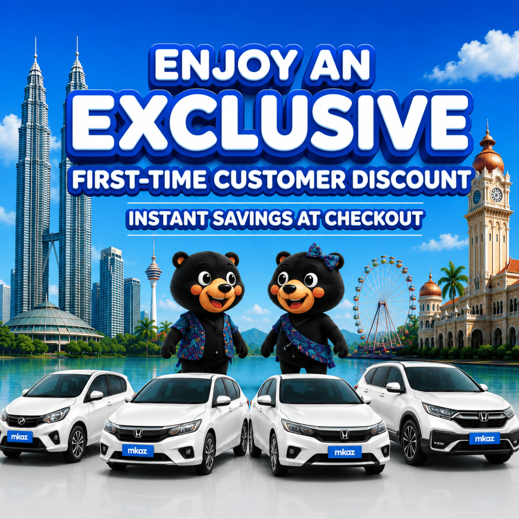 Promotional banner advertising a first-time customer discount, featuring two cartoon bears, white cars, and a city skyline behind. The headline reads: ‘Enjoy an Exclusive First-Time Customer Discount’ with ‘Instant Savings at Checkout’ text nearby.