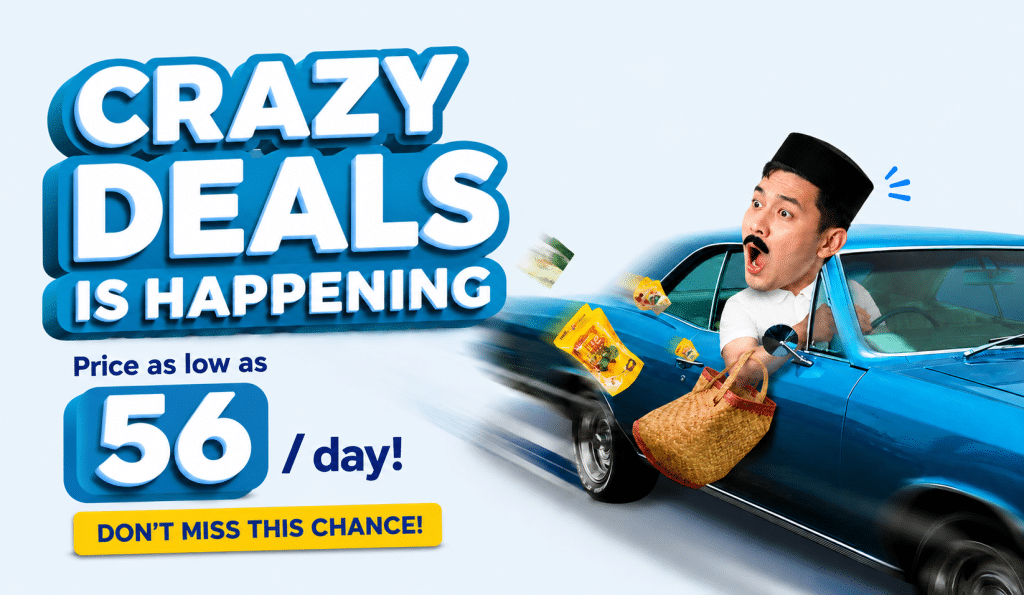 Bold banner reads 'Crazy Deals is Happening' with a speeding blue car and a man leaning from the window holding shopping items in a promotional image.