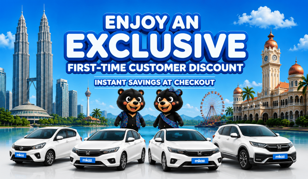 Banner promoting a first-time customer discount with two cartoon bears beside four white cars against a cityscape skyboard.