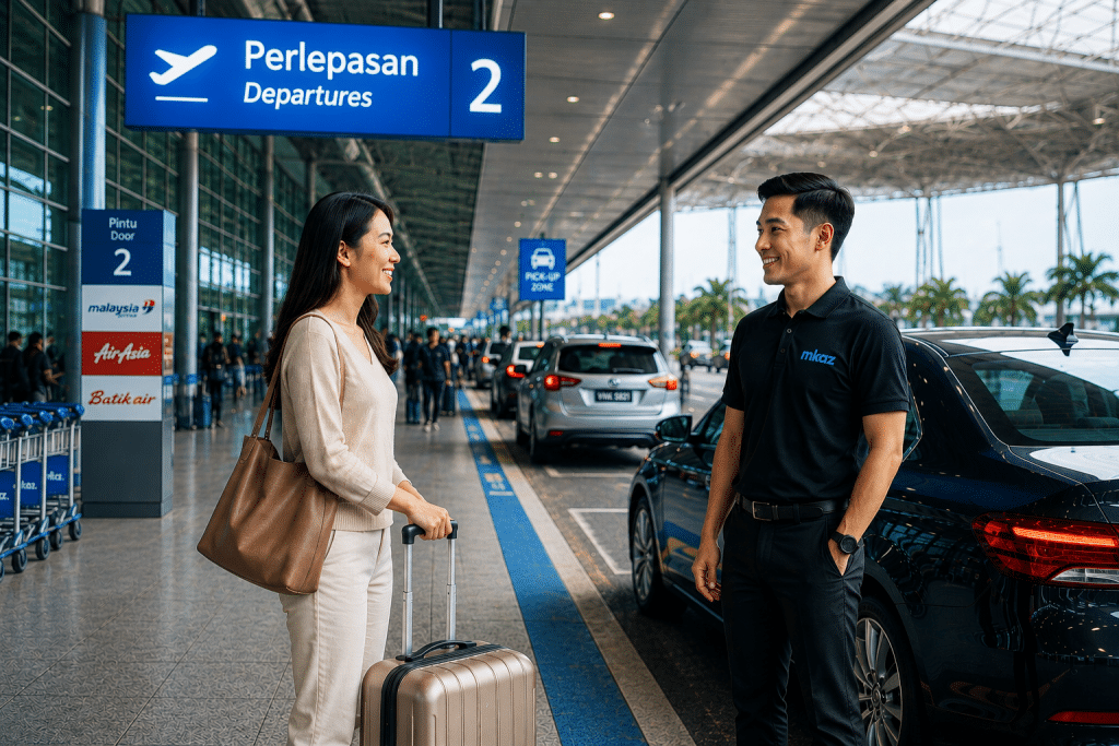 Passenger with luggage greets a driver beside a parked car at an airport departures curb.