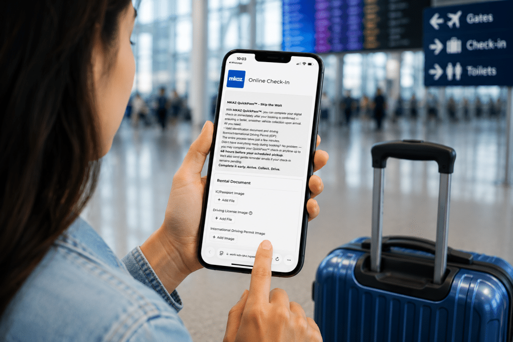 Traveler in an airport uses a smartphone to complete online check-in, with a blue carry-on beside them and blurred terminal in the background.