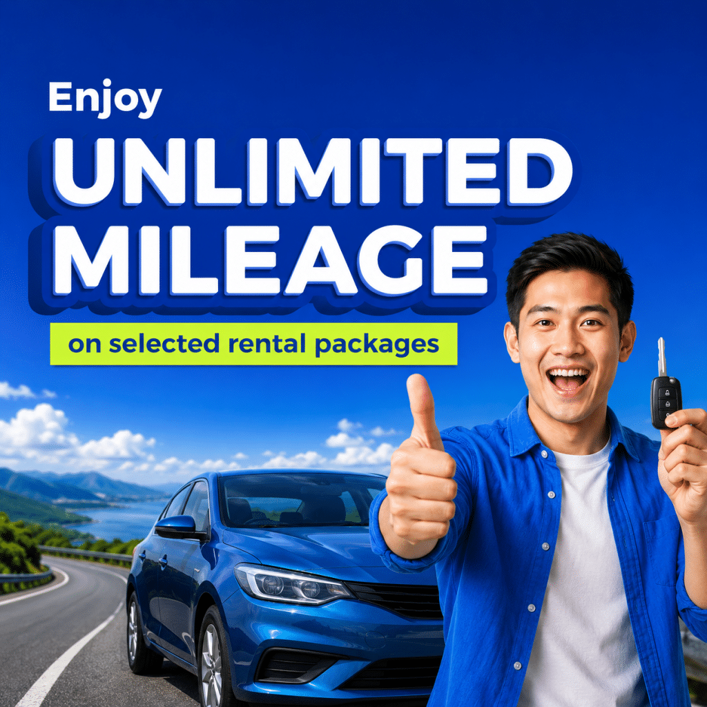 Promotional banner: "Enjoy UNLIMITED MILEAGE" with a smiling man giving a thumbs-up and holding car keys beside a blue car on a scenic road.