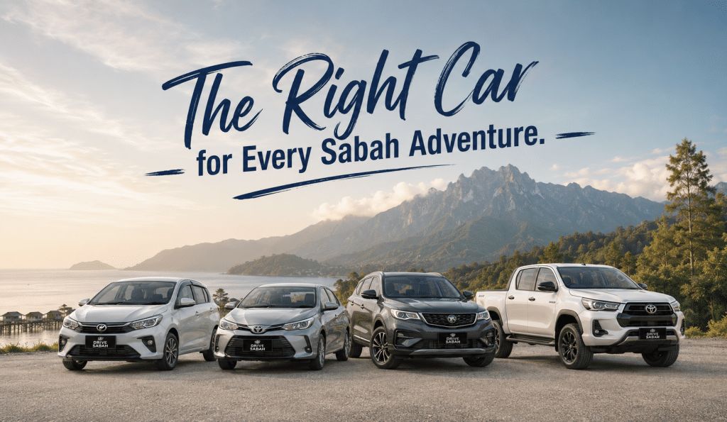 Row of four cars parked on a coastal overlook with mountains in the distance and a large slogan reading 'The Right Car for Every Sabah Adventure' across the sky (advertising hero).