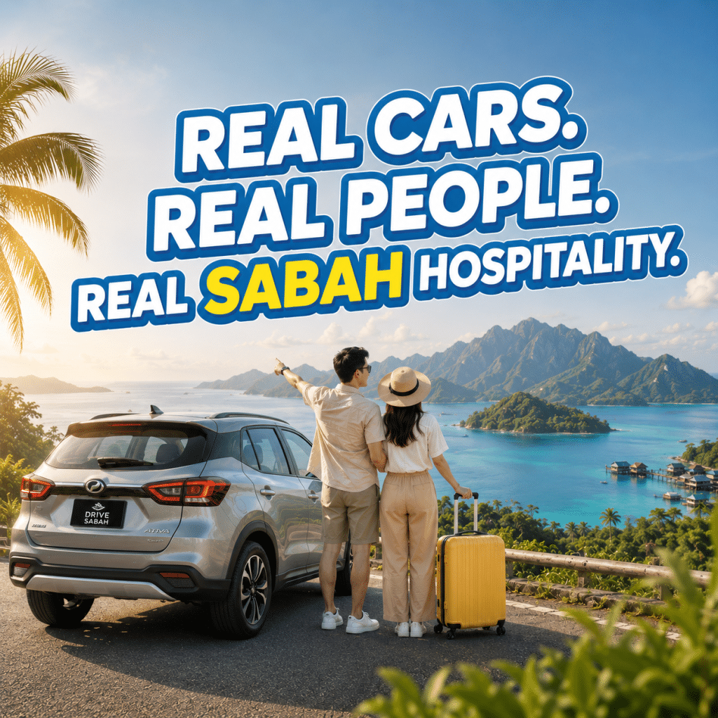 Couple with a yellow suitcase beside a silver SUV, looking out at a tropical bay and mountains as the bold travel slogan Real Cars. Real People. Real Sabah Hospitality. appears overhead.
