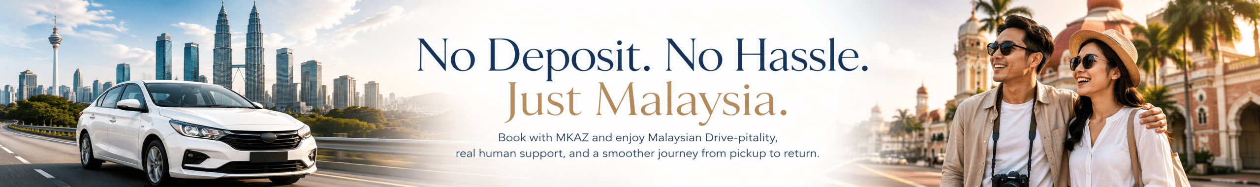 White sedan driving on a highway with a smiling couple and a Malaysian city skyline in the background.