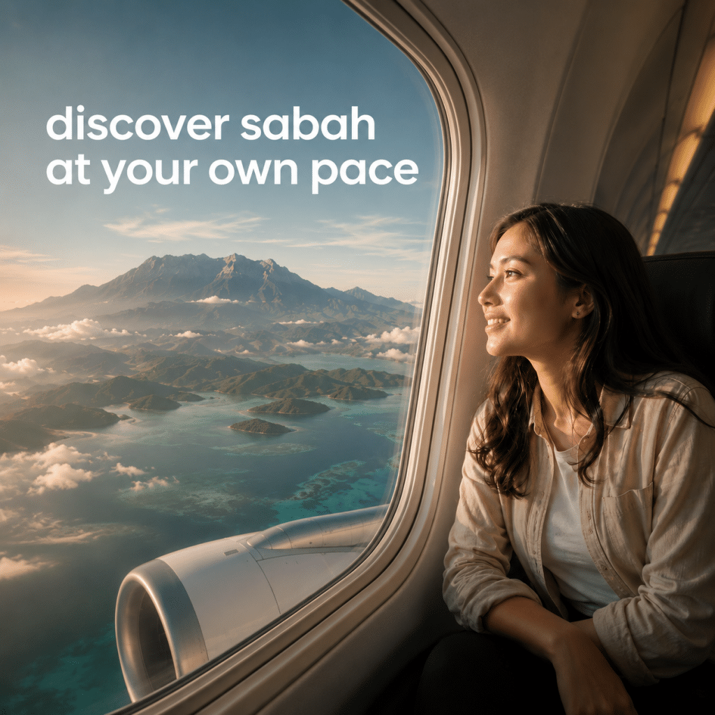 Woman in a plane looking out the window at turquoise islands and mountains, with the slogan 'discover sabah at your own pace' overlaid on the window.
