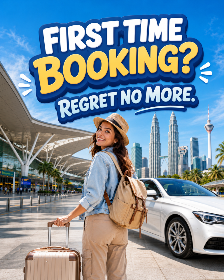 Promotional banner: 'First Time Booking? Regret No More' with a smiling traveler and luggage at a modern transport hub.