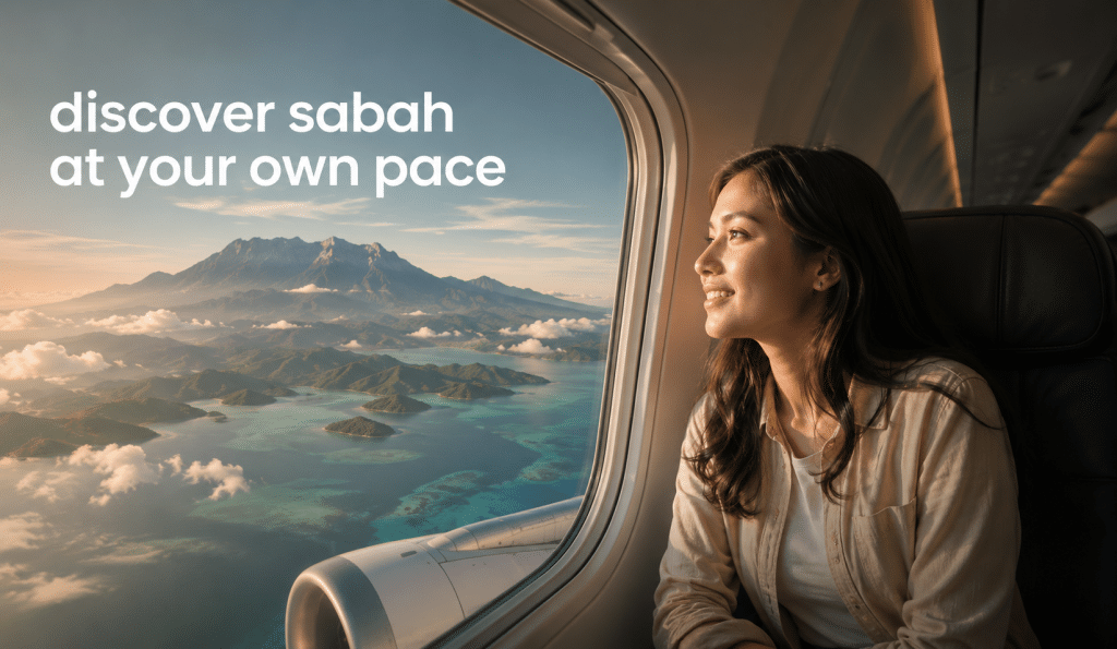Woman sitting by airplane window, looking out at islands and mountains as sunlight fills the cabin; travel promo text reads 'discover sabah at your own pace'