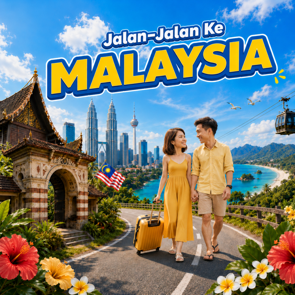 Couple walking hand in hand with a yellow suitcase on a tropical road, Malaysia skyline and flowers in the foreground (travel poster vibe). First-person travel branding reads 'Jalan-Jalan Ke MALAYSIA'.
