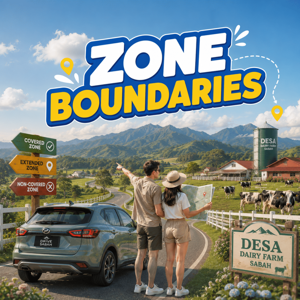 Couple standing by a car on a rural farm road, pointing at a map under a large 'Zone Boundaries' graphic.