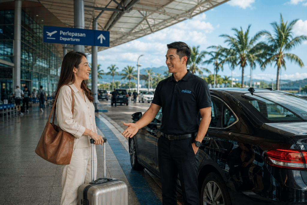 Traveler with rolling suitcase greets a uniformed driver beside a black sedan at the airport departures curbside.