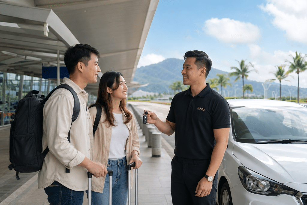 Couple with backpacks and rolling luggage chat with a staff member who hands over car keys at an airport pickup area beside a white car, mountains in the background.