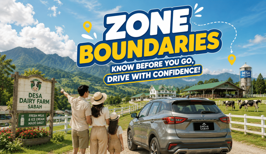 Family standing beside a parked SUV on a farm, looking at a large 'Zone Boundaries' banner overhead on a sunny day near Desa Dairy Farm Sabah