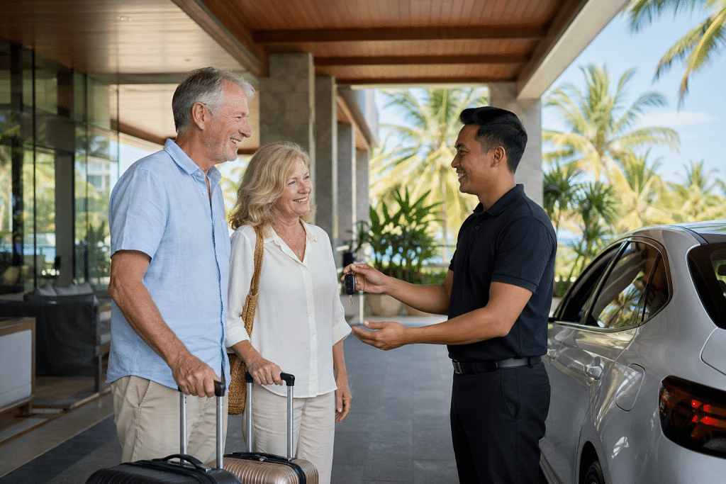 Valet attendant hands car keys to smiling older couple arriving at a hotel drop-off with their suitcases outside the entrance.