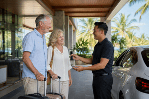 kereta sewa murah kota kinabalu - MKAZ Car Rental - MKAZ Car Rental Valet attendant hands car keys to smiling older couple arriving at a hotel drop-off with their suitcases outside the entrance.