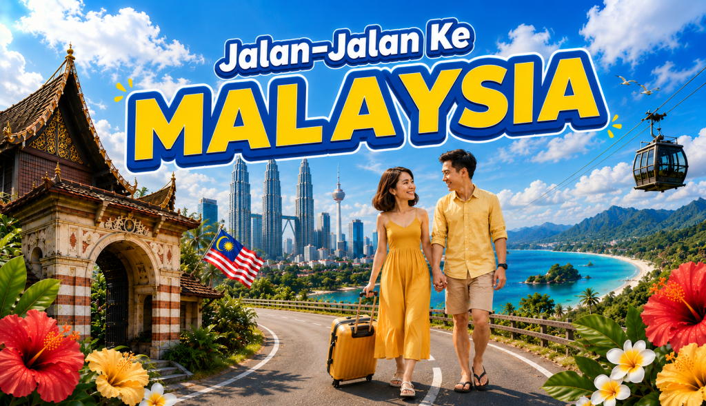 Couple walking with a yellow suitcase along a curved coastal road, KL skyline in the background and a bold MALAYSIA sign overhead.