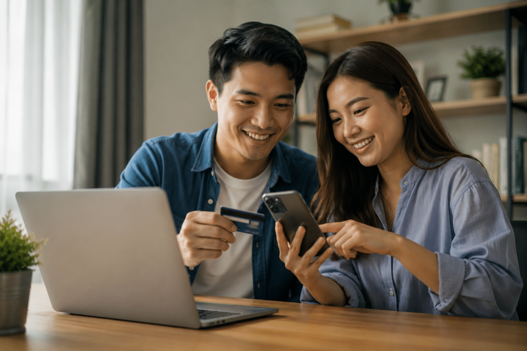 Two friends shopping online at a table: a man holds a credit card while the woman shows a phone, smiling at the screen with a laptop nearby