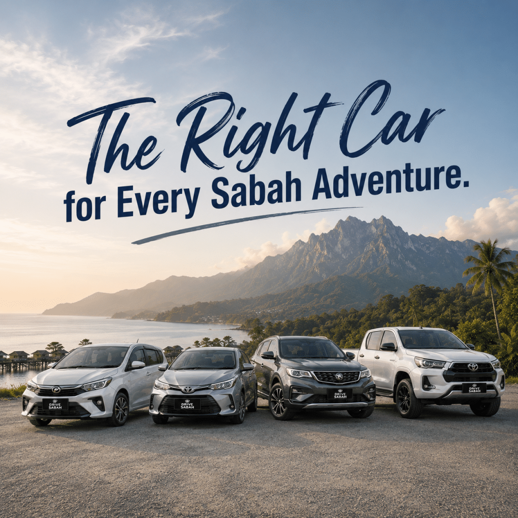 Four cars parked on a coastal road with a mountain range in Sabah, beneath the slogan 'The Right Car for Every Sabah Adventure.'