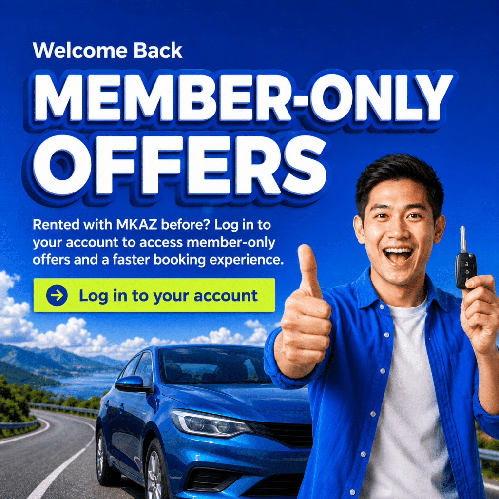 Promotional banner announcing member-only offers with a smiling man giving a thumbs-up and holding car key beside a blue car on a road backdrop; includes a "Log in to your account" CTA.