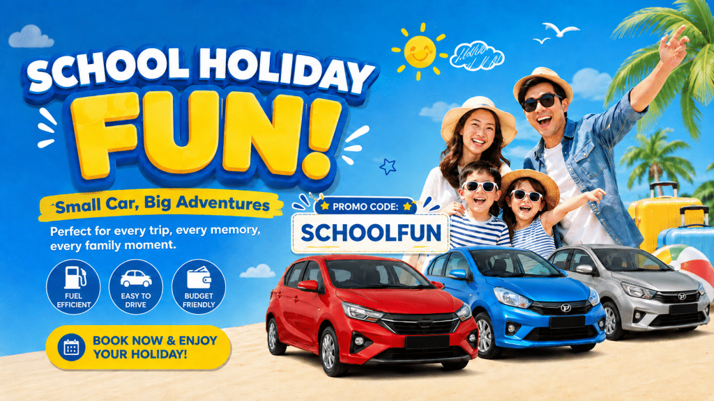 Bright beach promo banner with a smiling family, three colorful cars, and bold text: 'School Holiday FUN!' and 'Promo Code SCHOOLFUN' on a blue sky backdrop