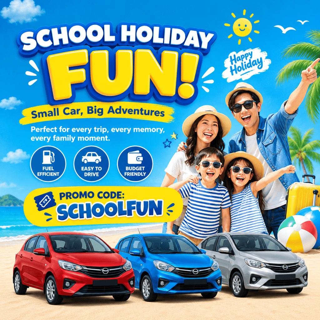 Bright beach promo poster for 'School Holiday Fun' featuring a smiling family on vacation with colorful cars and a 'Promo Code: SCHOOLFUN' banner in the foreground.