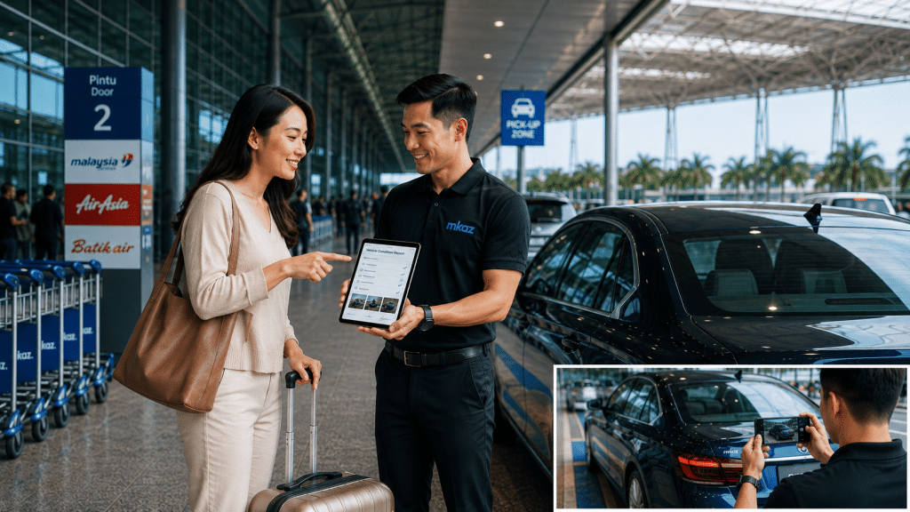 Customer at airport pickup talks with staffer displaying a tablet with Vehicle Condition Report near a dark car and luggage, smile on both sides.