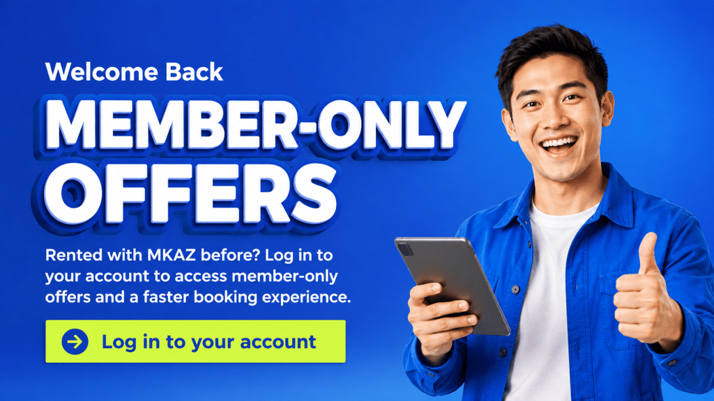 Bright blue promotional banner with a smiling man holding a tablet and a bold 'Member-Only Offers' headline on the left; includes a neon-yellow login button below the text.