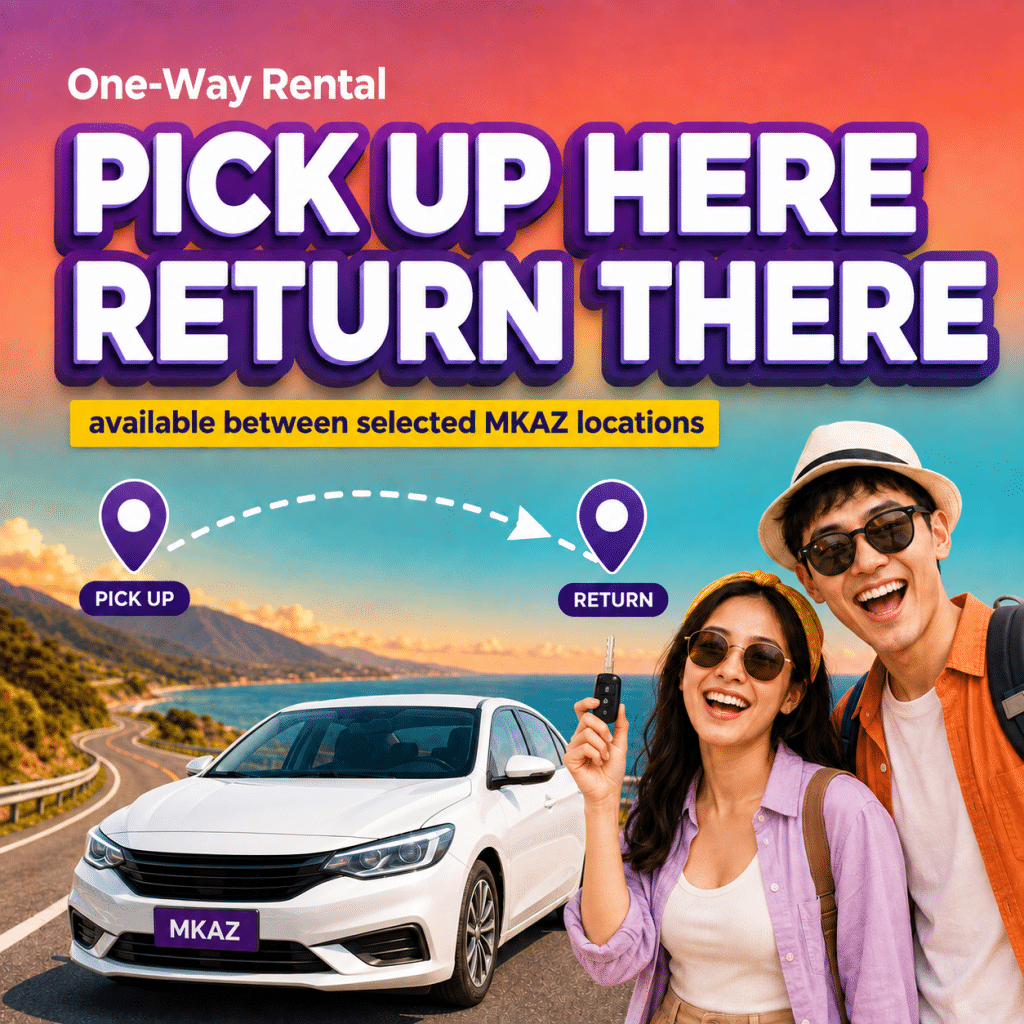 Advertisement for a one-way car rental: 'Pick up here, return there' with a white car and a smiling couple against a coastal road backdrop.