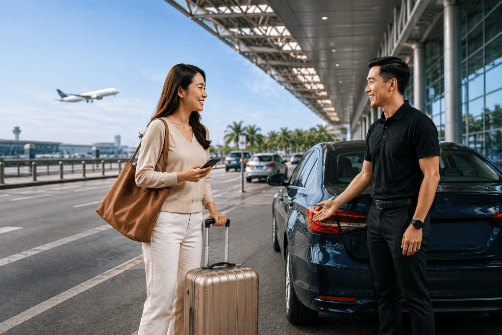 Traveler with a rolling suitcase and brown handbag chats with a driver in a black polo beside a blue car outside an airport terminal; airplane in the sky in the background.
