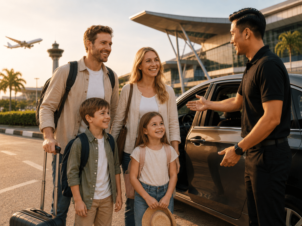 Family of four with luggage stands by a car, chatting with a driver at the airport pickup zone.