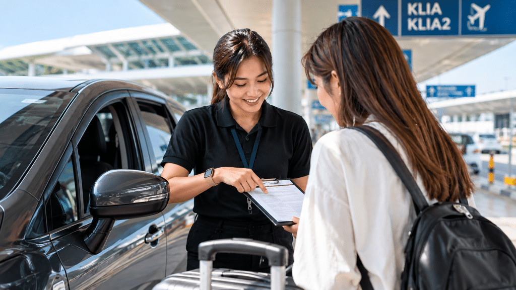 Airport pickup agent checks a clipboard with a traveler beside a parked car at curbside service.