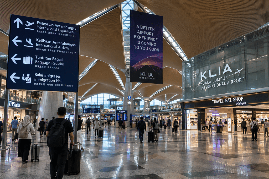 Busy airport terminal with large blue signs listing departures, arrivals, baggage reclaim, and immigration, travelers with luggage.