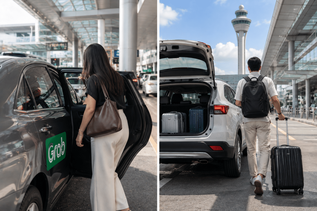 Woman entering a Grab taxi at the curb, carrying a brown handbag on her shoulder