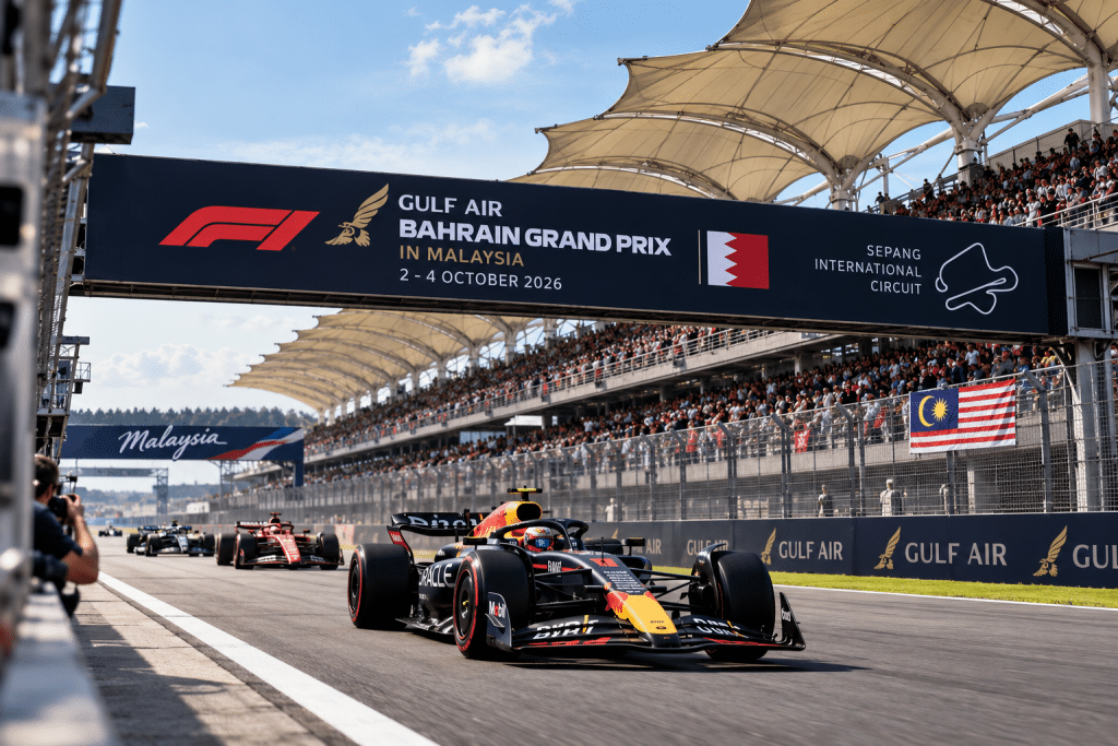 Formula 1 cars race down the track past a crowded grandstand under a large banner for the Gulf Air Bahrain Grand Prix, Malaysia 2026. The Malaysian flag is visible with spectators.