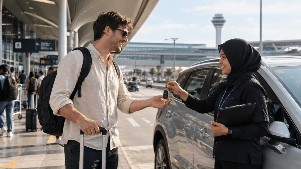 Man with backpack and rolling suitcase hands car keys to a female airport staffer wearing a hijab by a car.