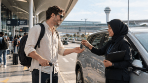 foreigner rent car malaysia - MKAZ Car Rental - MKAZ Car Rental Man with backpack and rolling suitcase hands car keys to a female airport staffer wearing a hijab by a car.