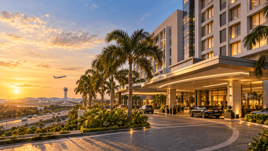 Hotel entrance at sunset with palm trees, cars valet at the curb, and an airplane taking off over an airport in the distance.