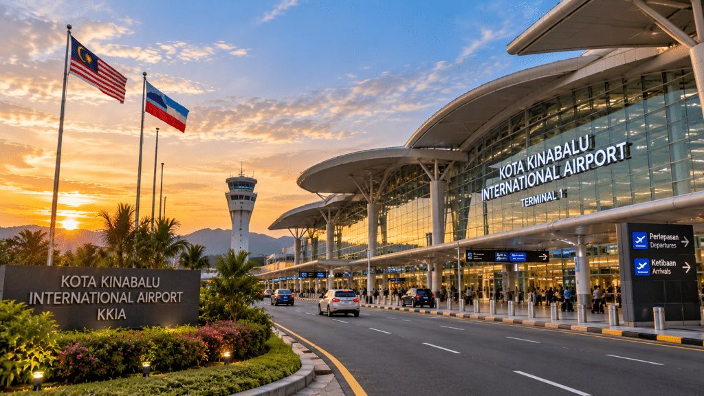 Exterior view of Kota Kinabalu International Airport at sunset, with flagpoles, control tower, and glass terminal.